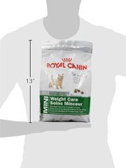 Royal Canin Small Weight Care packaging rear panel highlights nutrition for weight-conscious small breeds.
