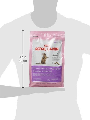 Royal Canin spayed/neutered kitten bowl meal with portion guidance.