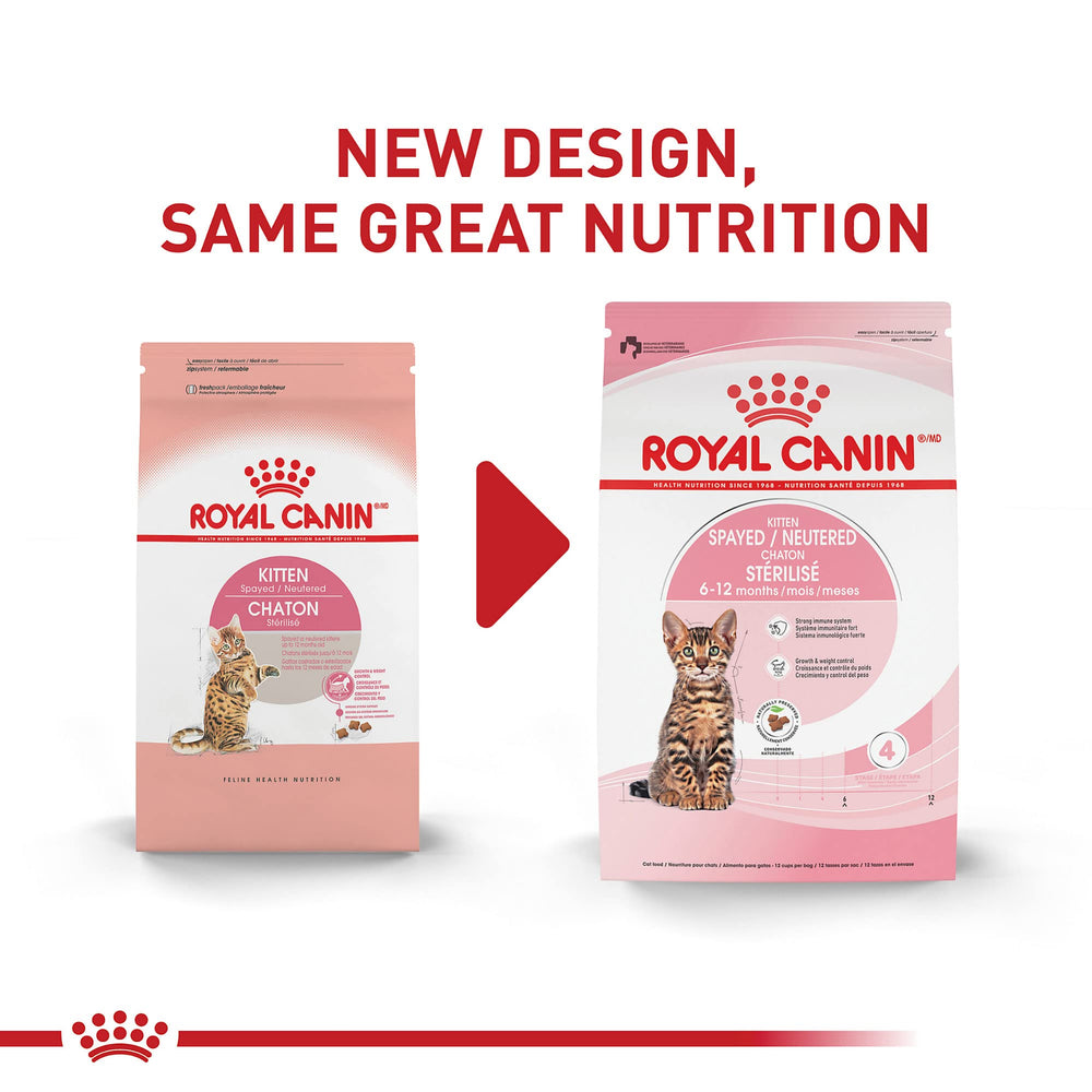 Royal Canin spayed/neutered kitten kibble closeup showing easy chew texture.