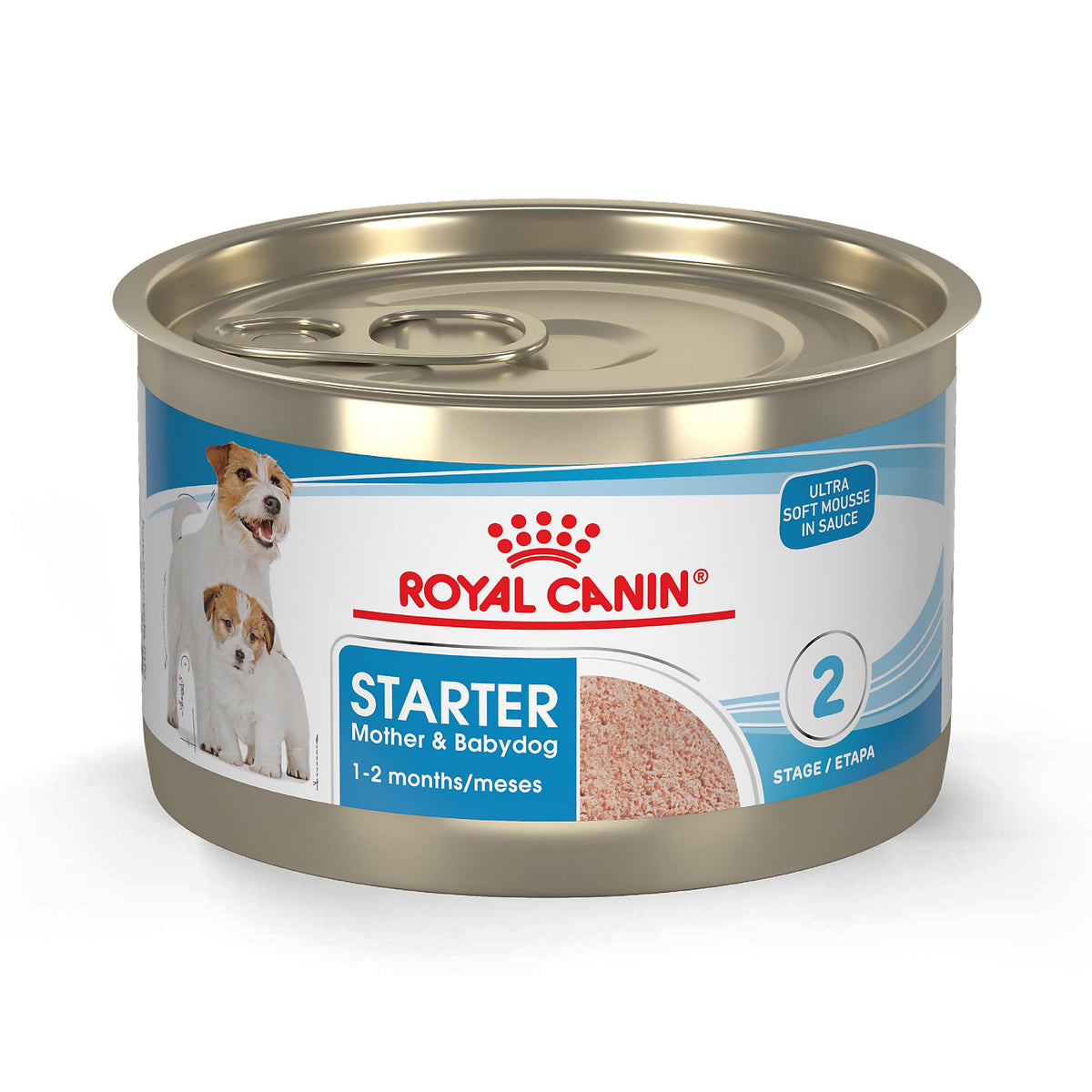 Royal Canin Starter packaging for Mother and Babydog mousse showing energy support for late gestation.
