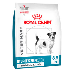 Royal Canin Veterinary Diet Small Hydrolyzed Protein dry dog food bag supports sensitive digestion in small dogs.
