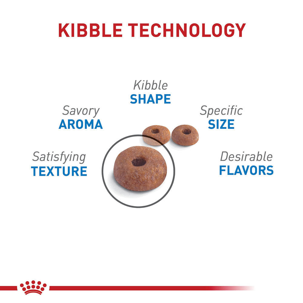 Royal Canin Weight Care kibble closeup highlights fiber for fullness.