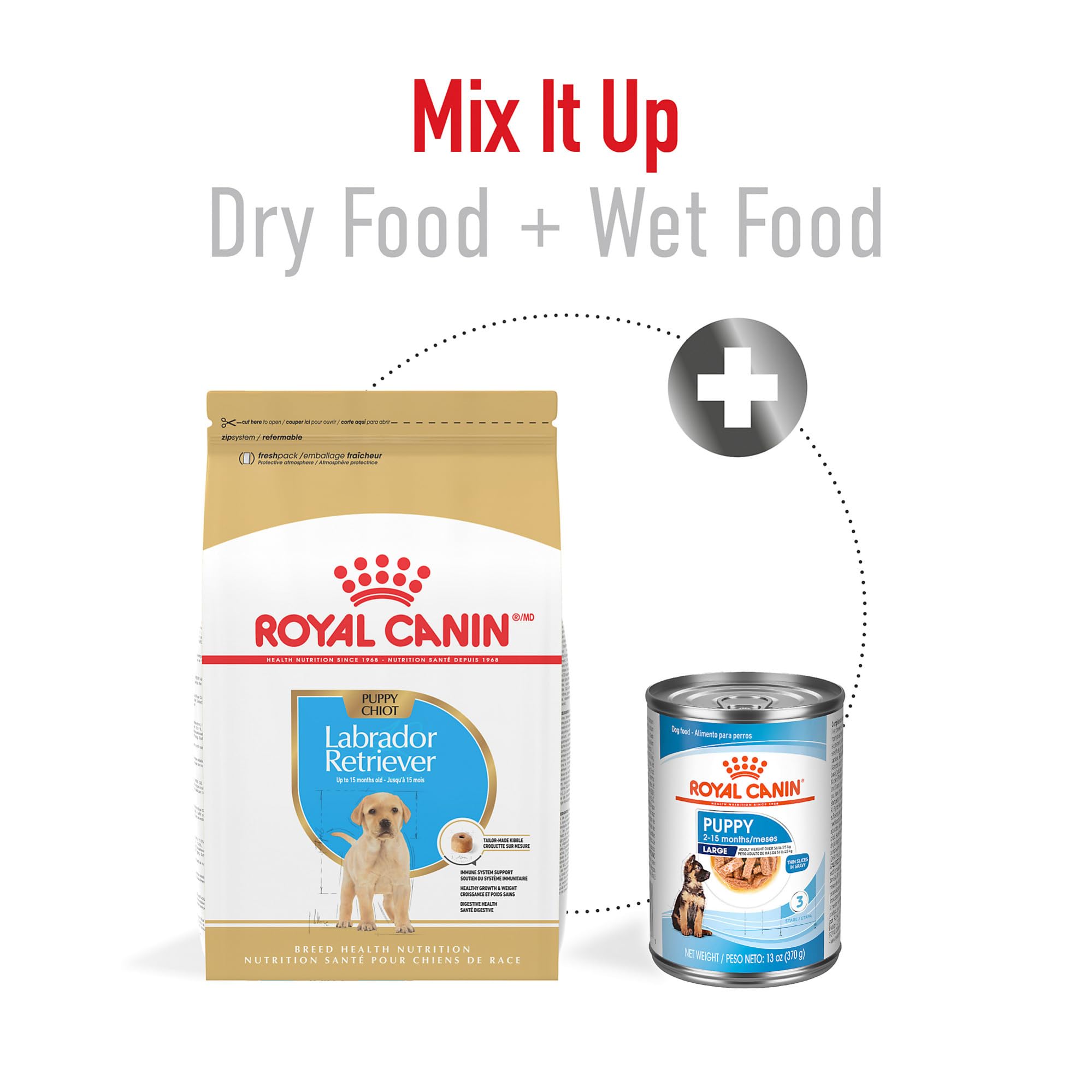 Royal Canin dry food pairs with wet Royal Canin options for mixed feeding.