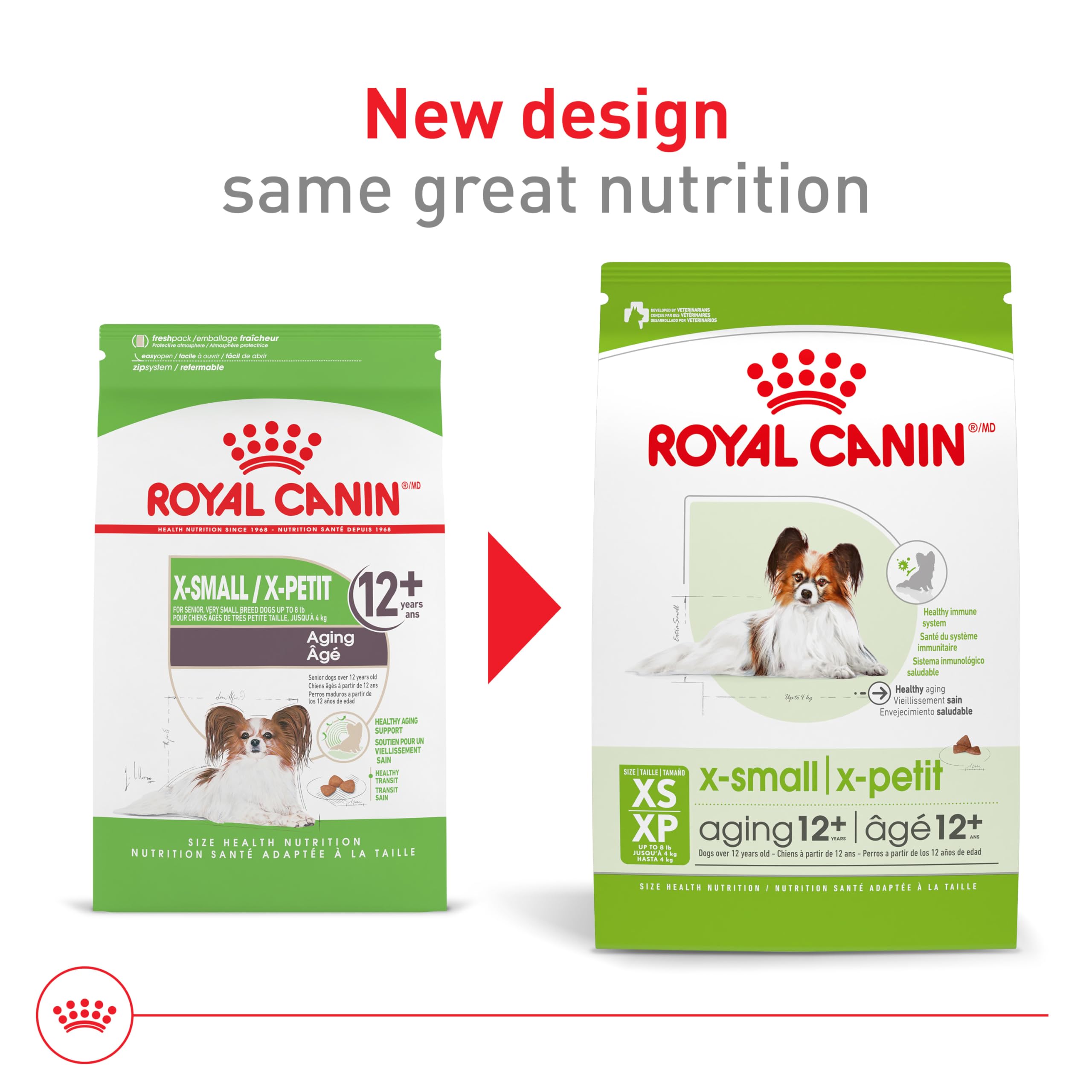 Royal Canin X-Small Aging 12+ kibble closeup highlights small, easy-to-chew pieces.