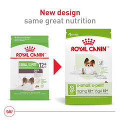 Royal Canin X-Small Aging 12+ kibble closeup highlights small, easy-to-chew pieces.