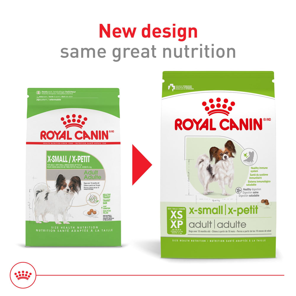 Royal Canin X-Small kibble close-up showing small breed texture.