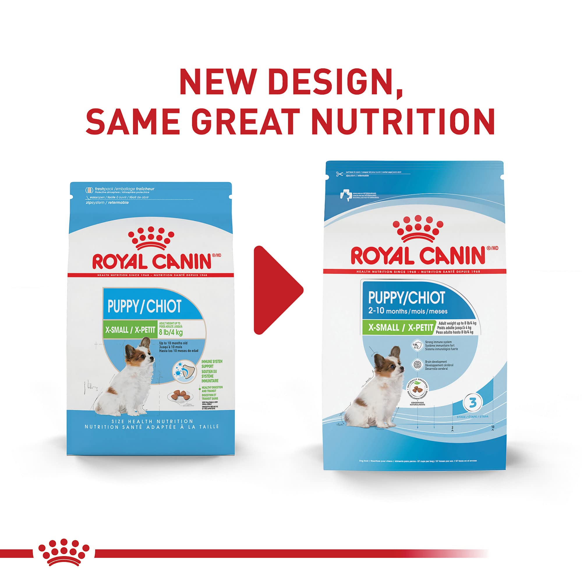 Royal Canin X-Small Puppy bag side view emphasizing compact packaging