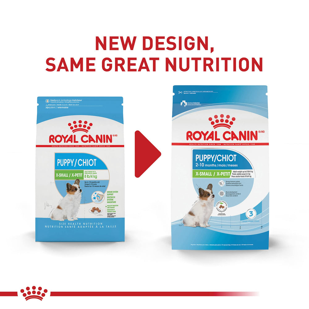 Royal Canin X-Small Puppy bag side view emphasizing compact packaging