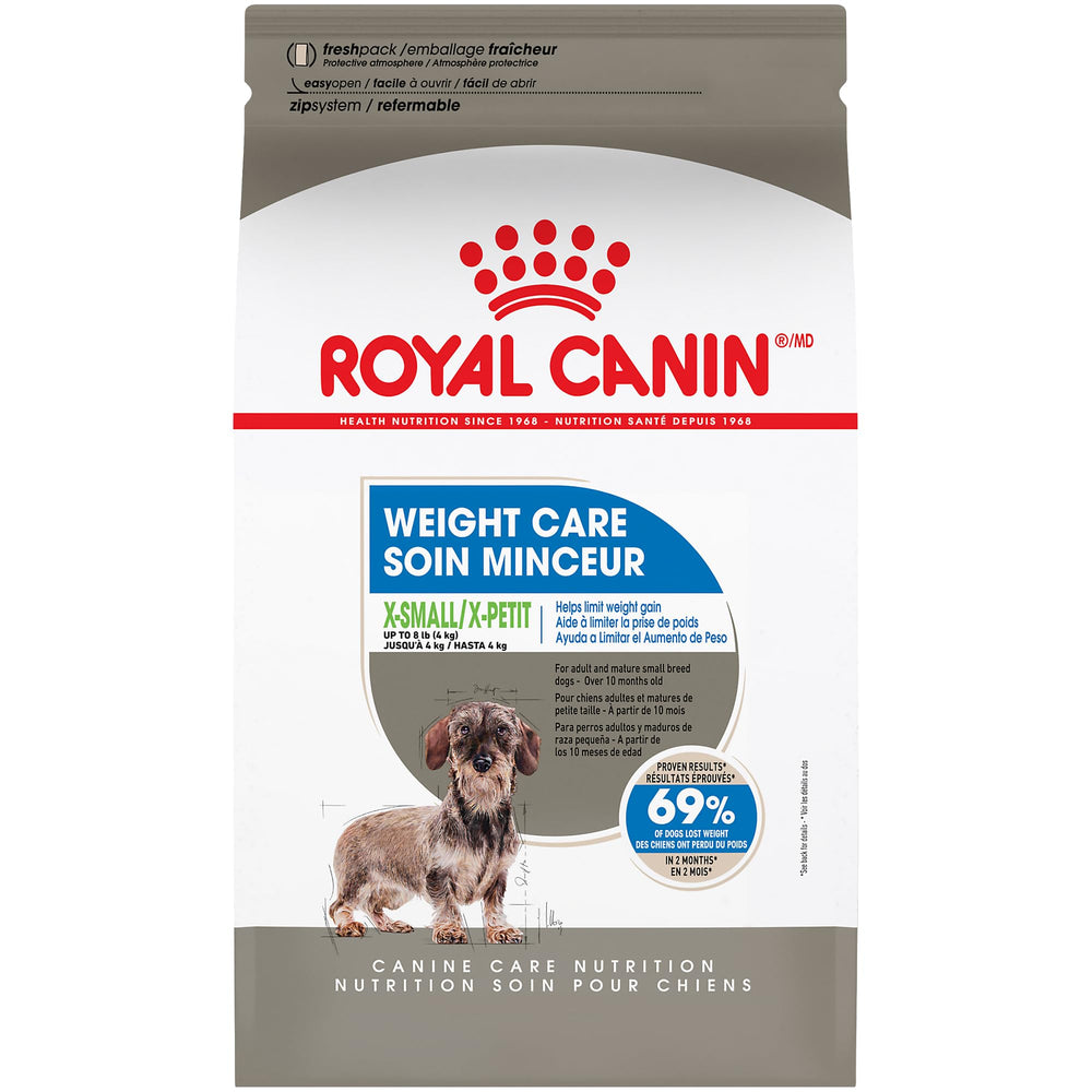 ROYAL CANIN X-Small Weight Care kibble in a bowl supports fullness and gentle weight management for small dogs.