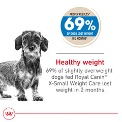 Royal Canin X-Small Weight Care packaging close-up highlighting nutrition benefits.