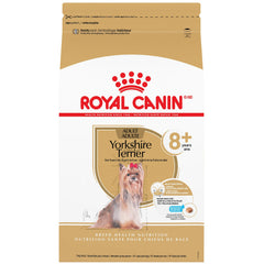 Royal Canin Yorkshire Terrier 8+ kibble close-up with small, easy-to-chew pieces for seniors.