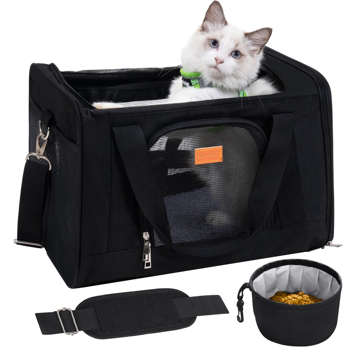 ROYPET cat carrier with foldable soft-sided design for easy travel and storage.