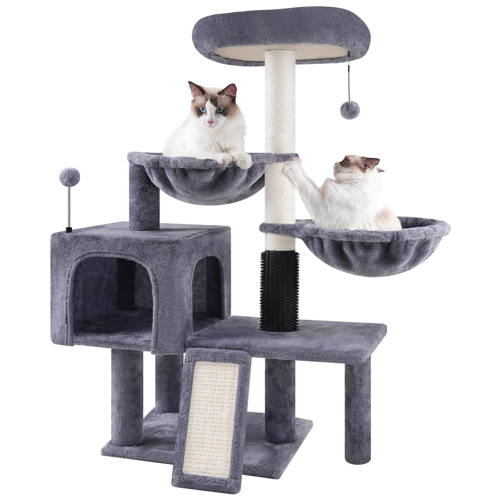 Roypet cat tree built-in grooming brushes support quick grooming sessions.