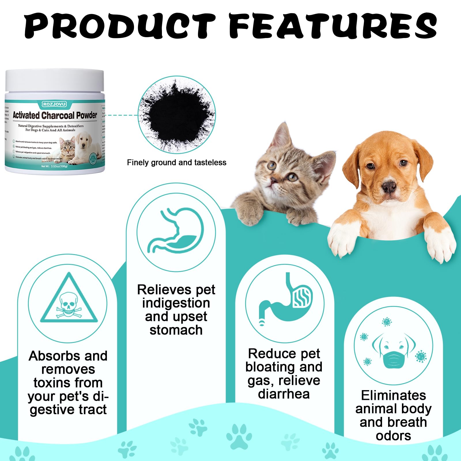 ROZJOVU Activated Charcoal for Dogs bottle aids toxin exposure management.