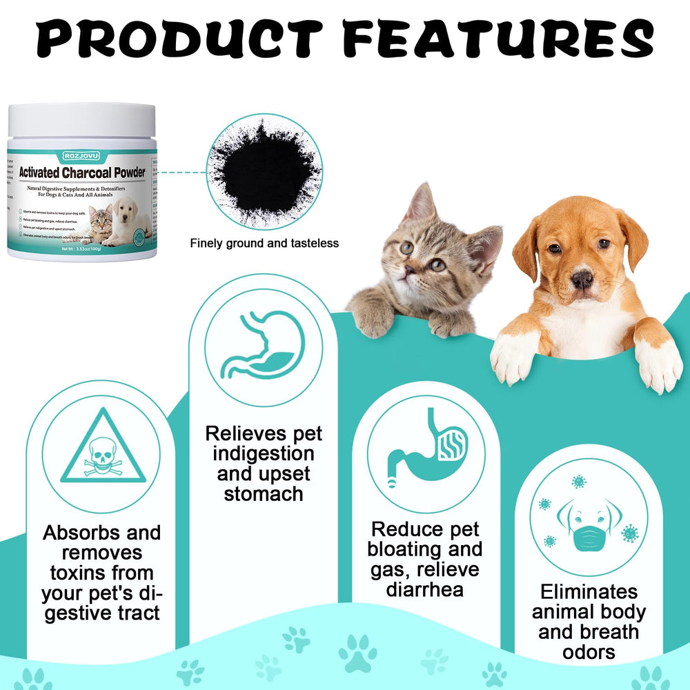 ROZJOVU Activated Charcoal for Dogs bottle aids toxin exposure management.