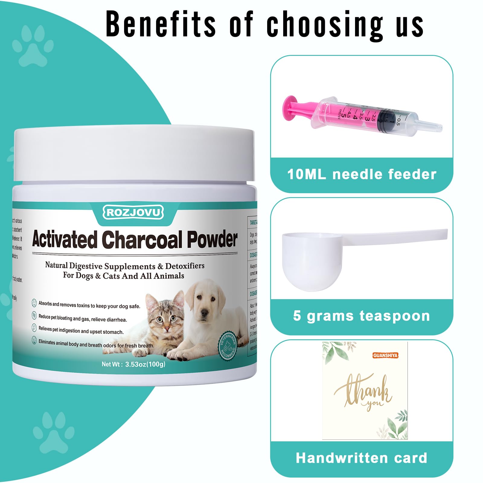 ROZJOVU Activated Charcoal for Pets in an emergency pet care kit.