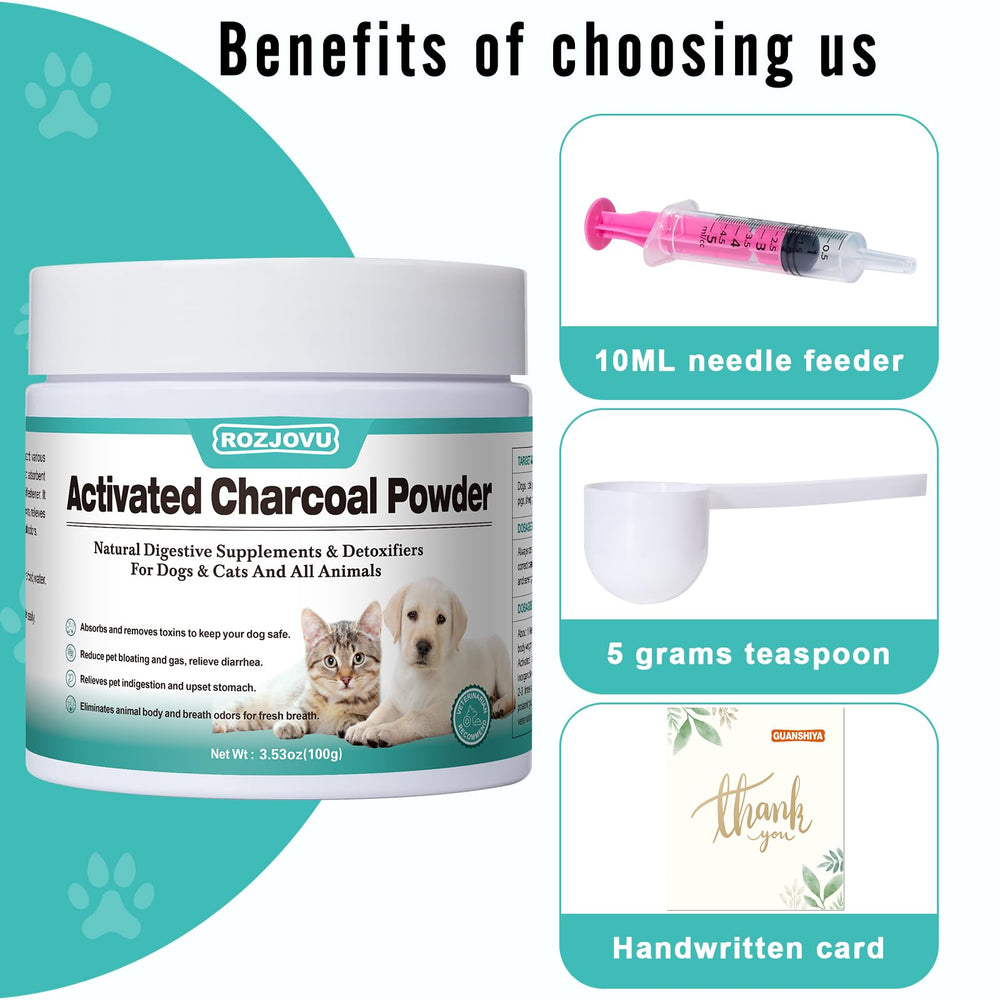 ROZJOVU Activated Charcoal for Pets in an emergency pet care kit.