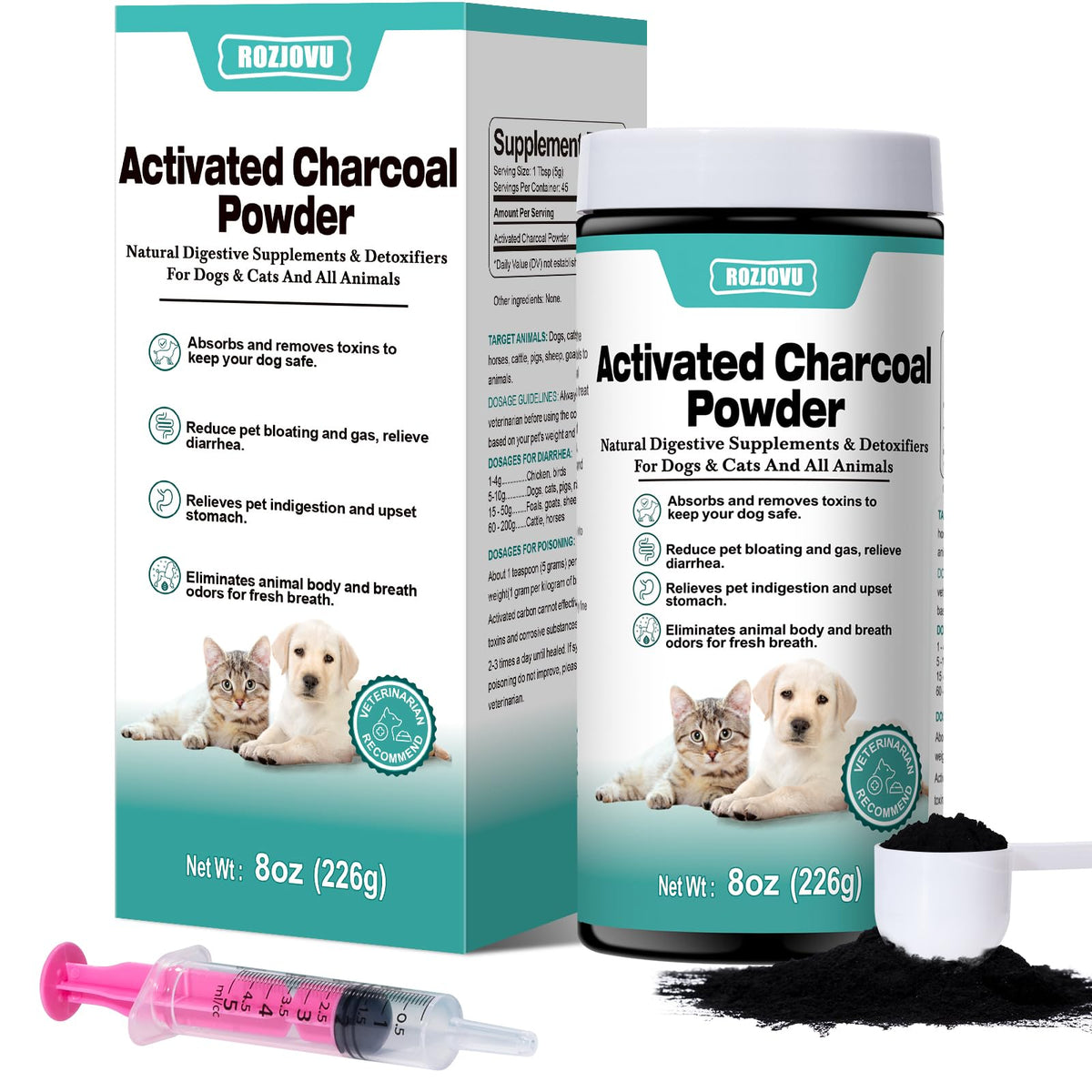 ROZJOVU activated charcoal for pets bottle demonstrates ready-to-use poison relief in a first aid kit.