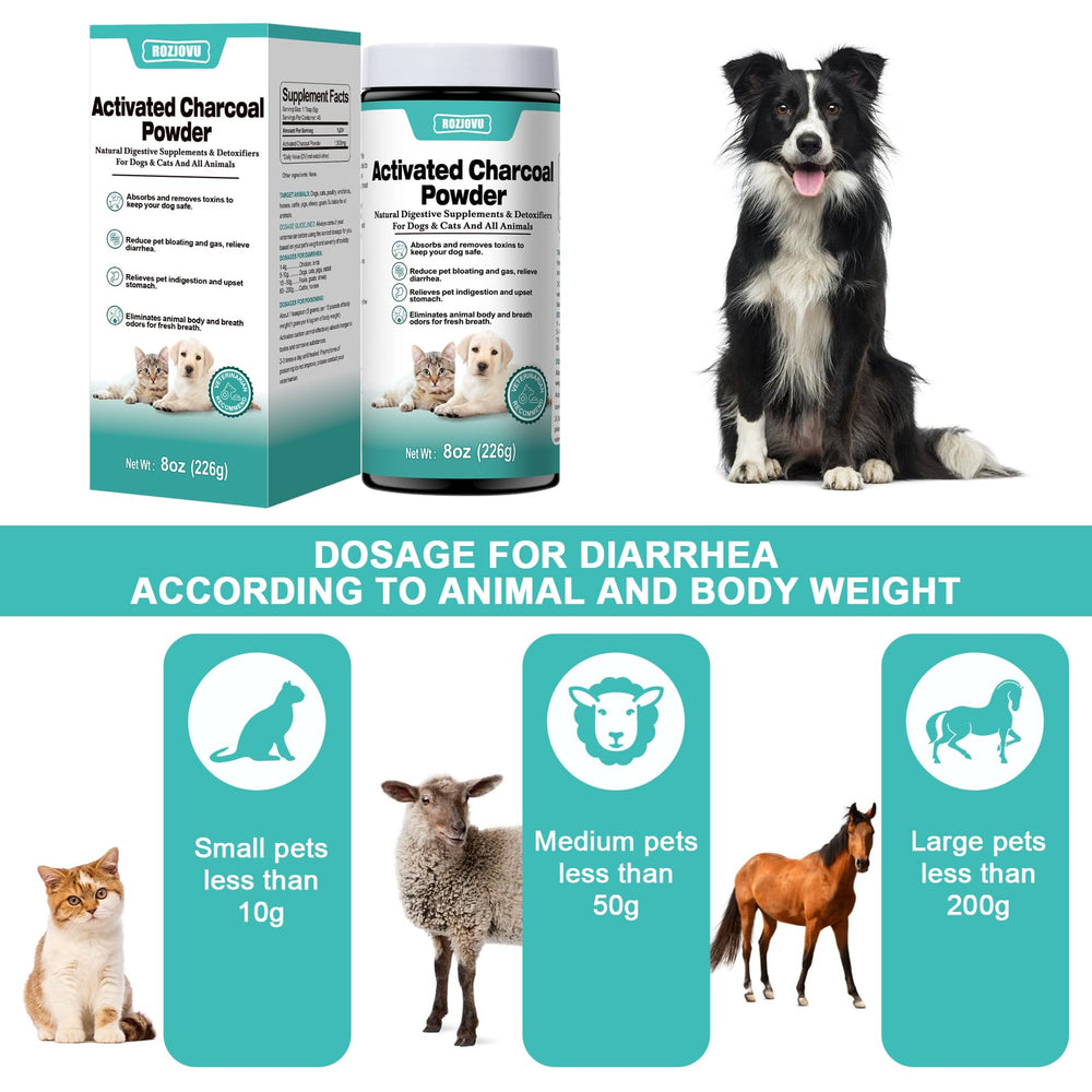 ROZJOVU charcoal powder texture highlights easy absorption for pet digestion.
