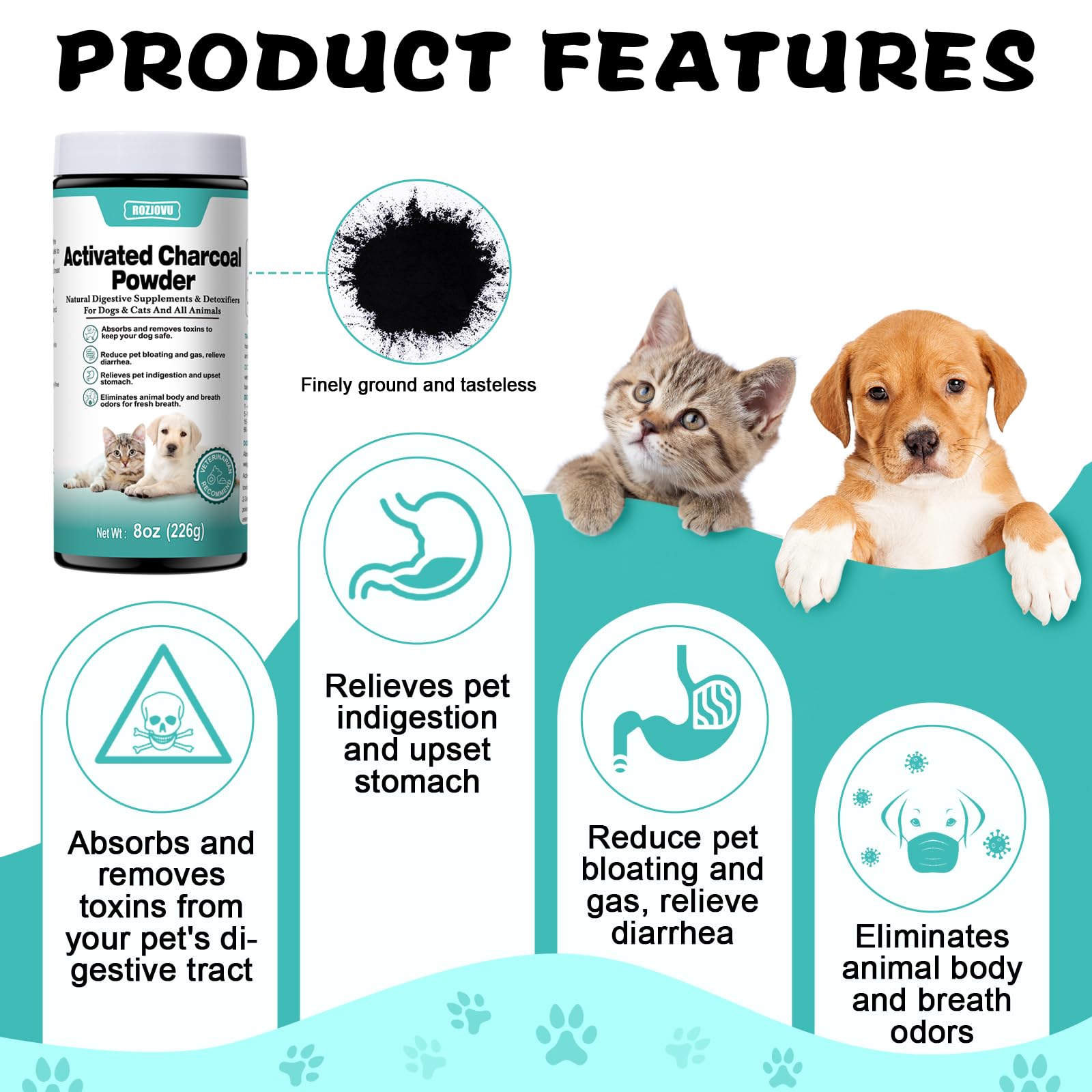 ROZJOVU pet first aid kit contents alongside charcoal powder for quick digestion support.