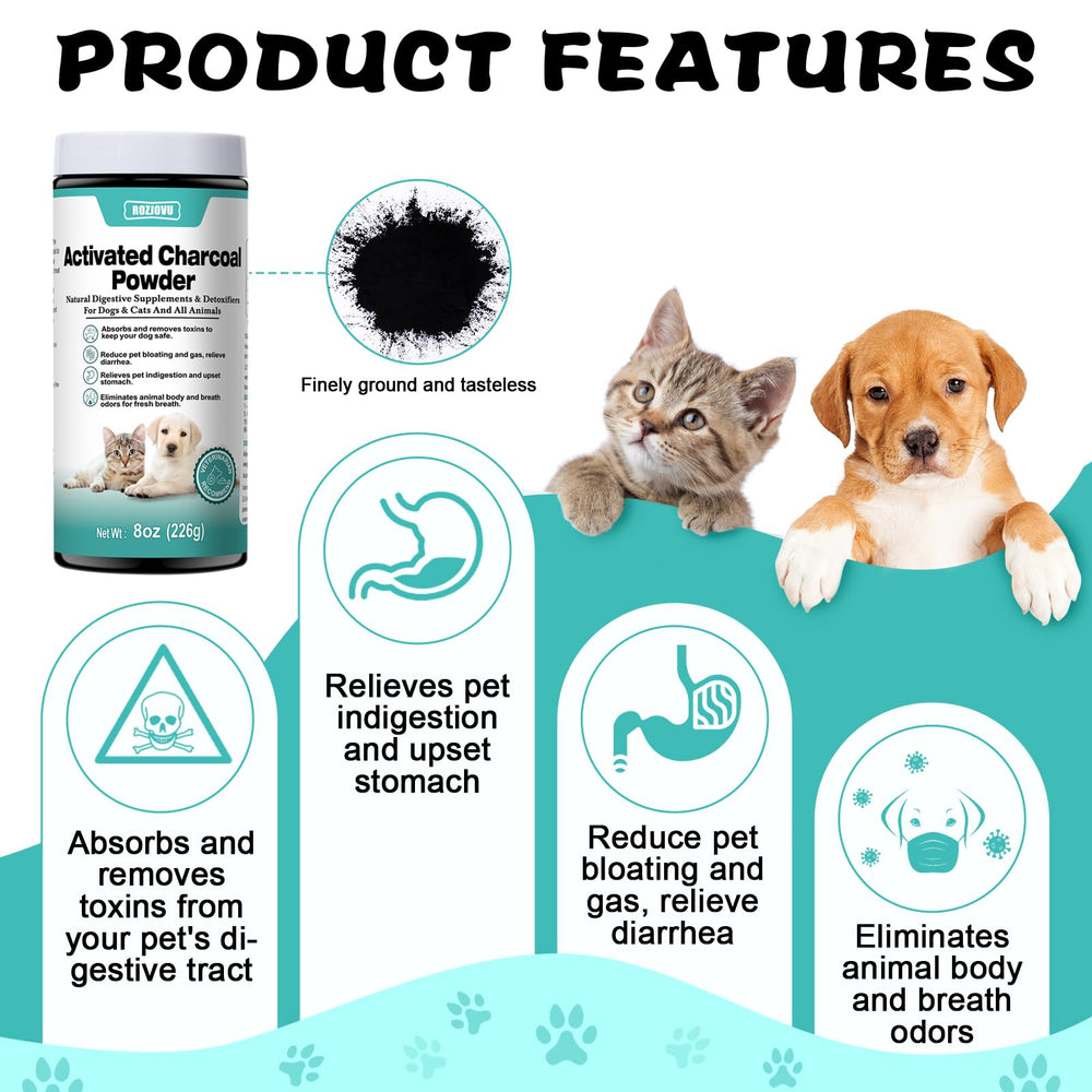 ROZJOVU pet first aid kit contents alongside charcoal powder for quick digestion support.