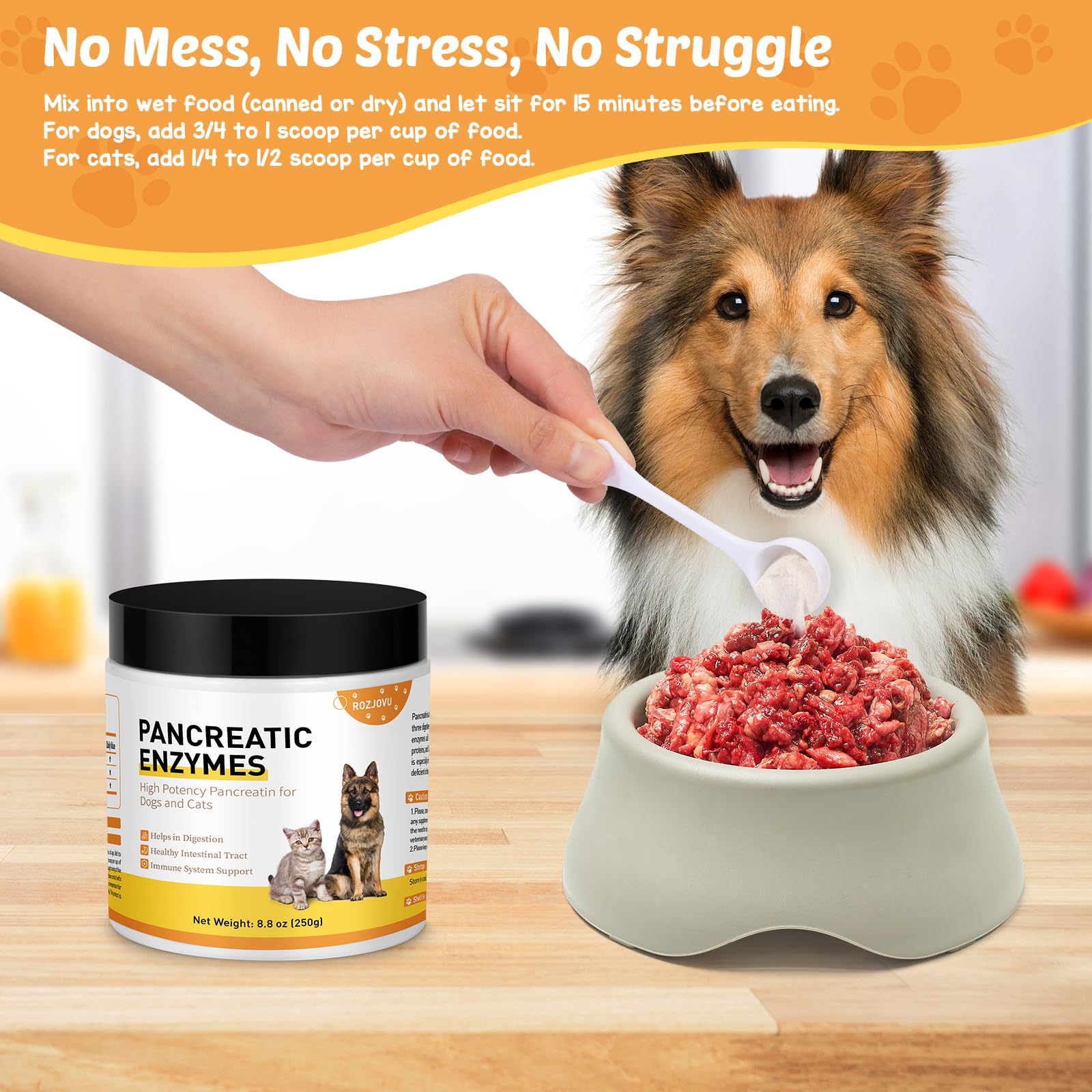 ROZJOVU vet-approved enzyme supplement supports canine GI comfort.
