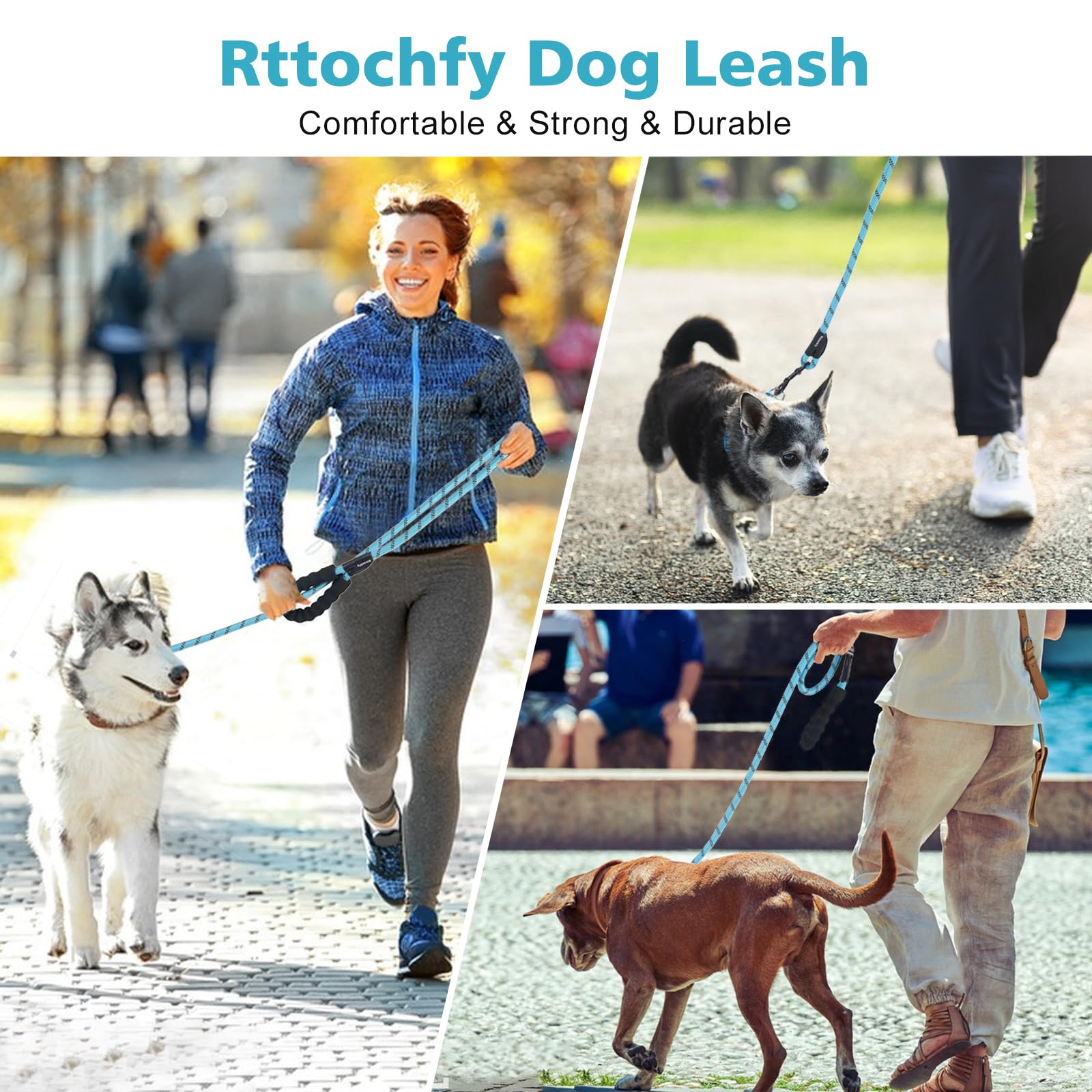 Rttochfy blue leash closeup highlights sturdy hardware and secure attachment for daily use.