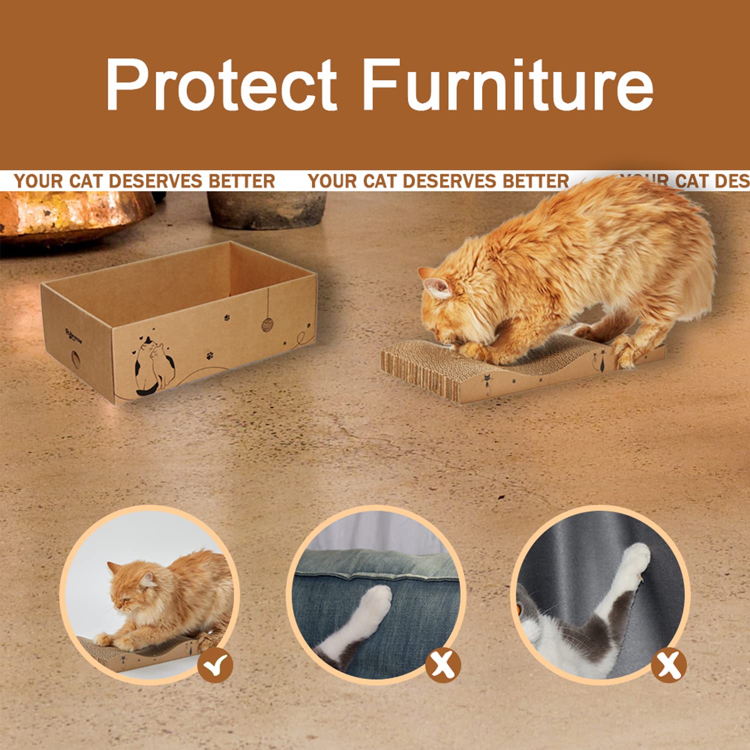RUBMEOW corrugated paper scratcher for indoor cats, eco-friendly and safe materials.