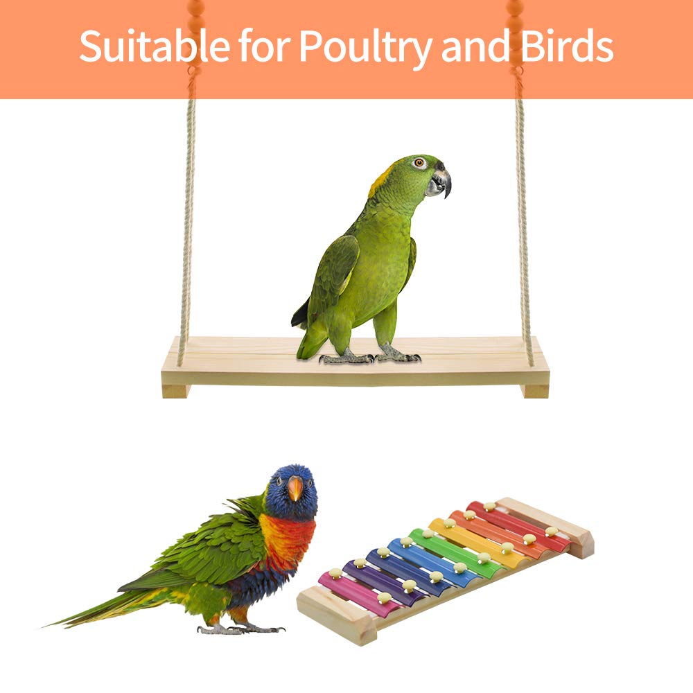RUBY.Q chicken swing toy showing natural wood and grip for secure perching