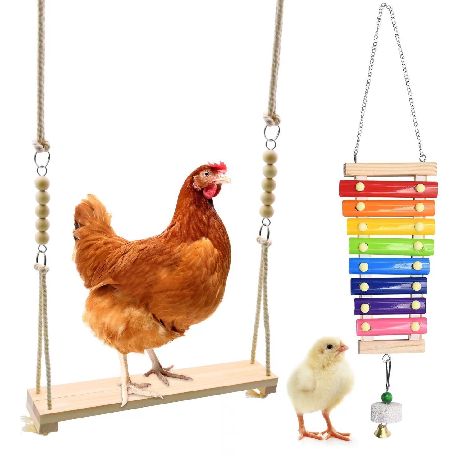 RUBY.Q swing toys with xylophone attached to a cage for engaging bird enrichment