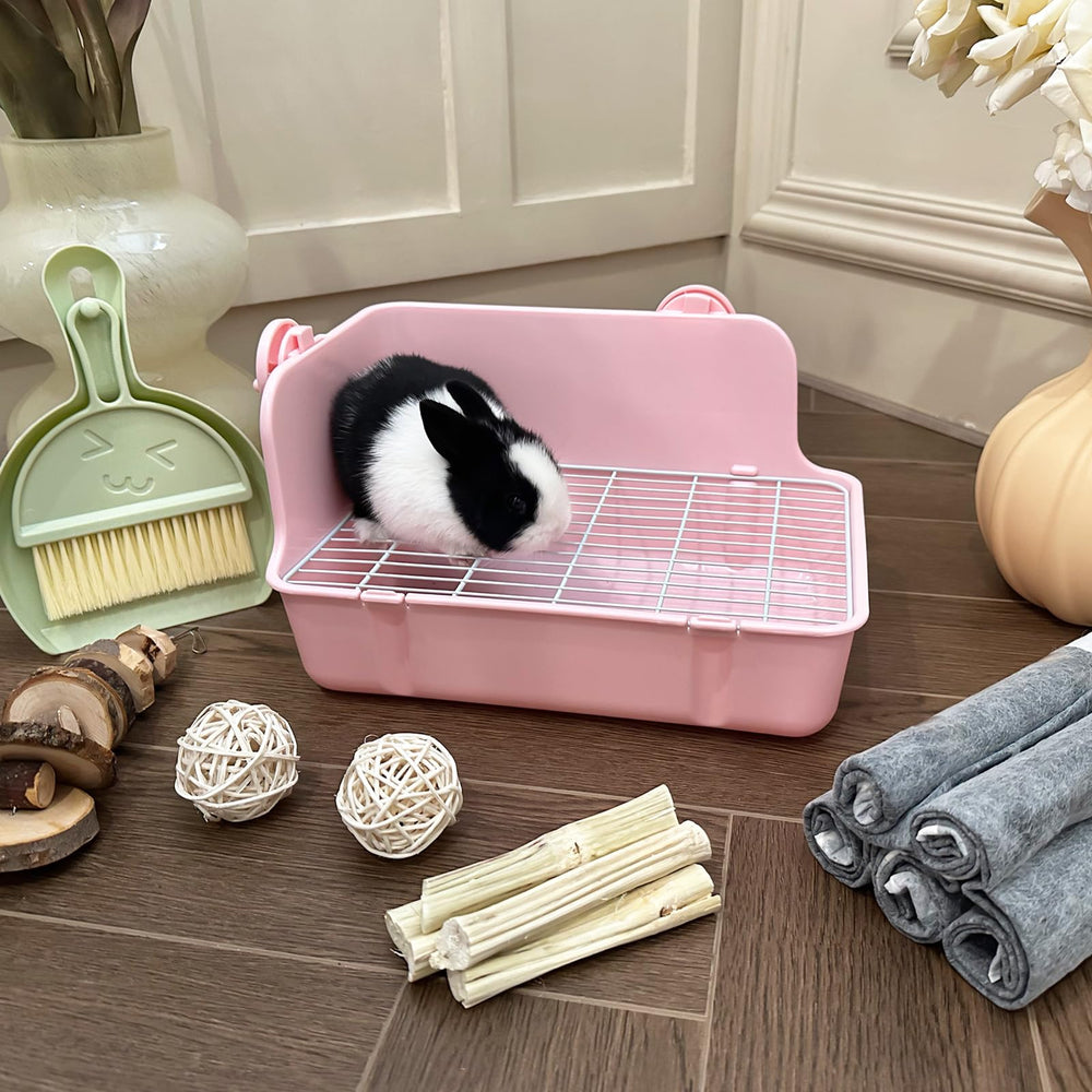 RubyHome Rabbit Litter Box with high sides reduces spills and keeps floors cleaner.