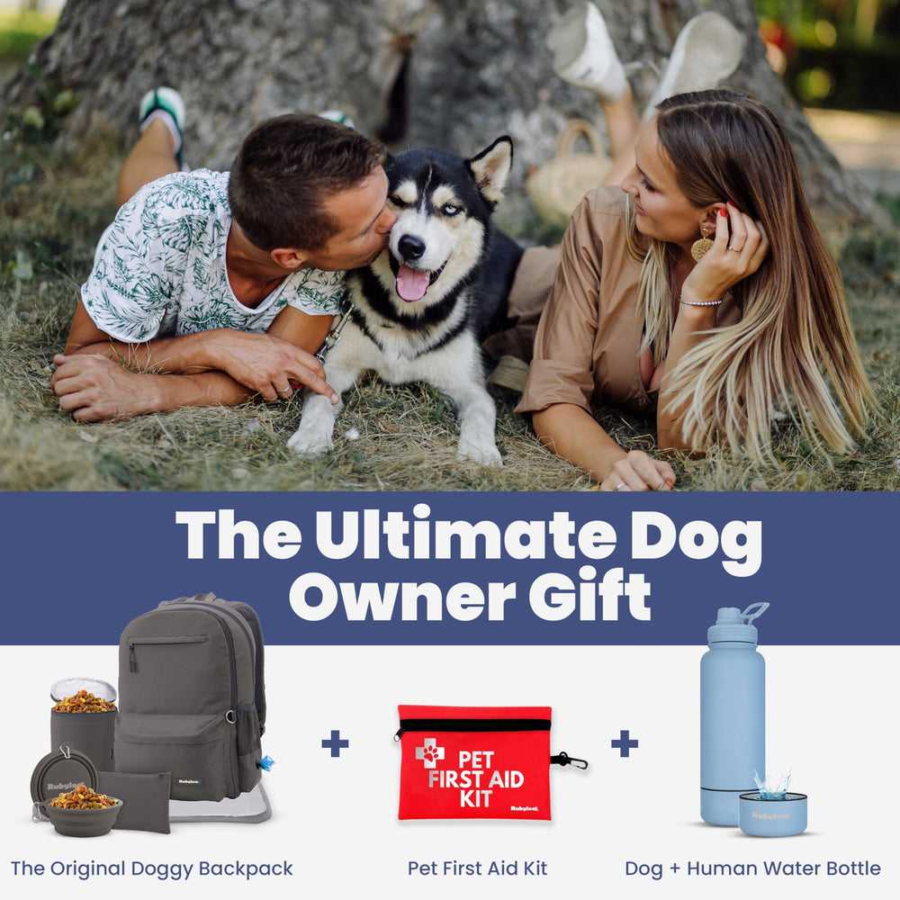 Rubyloo dog travel bag includes bowls, placemat, treats pouch.
