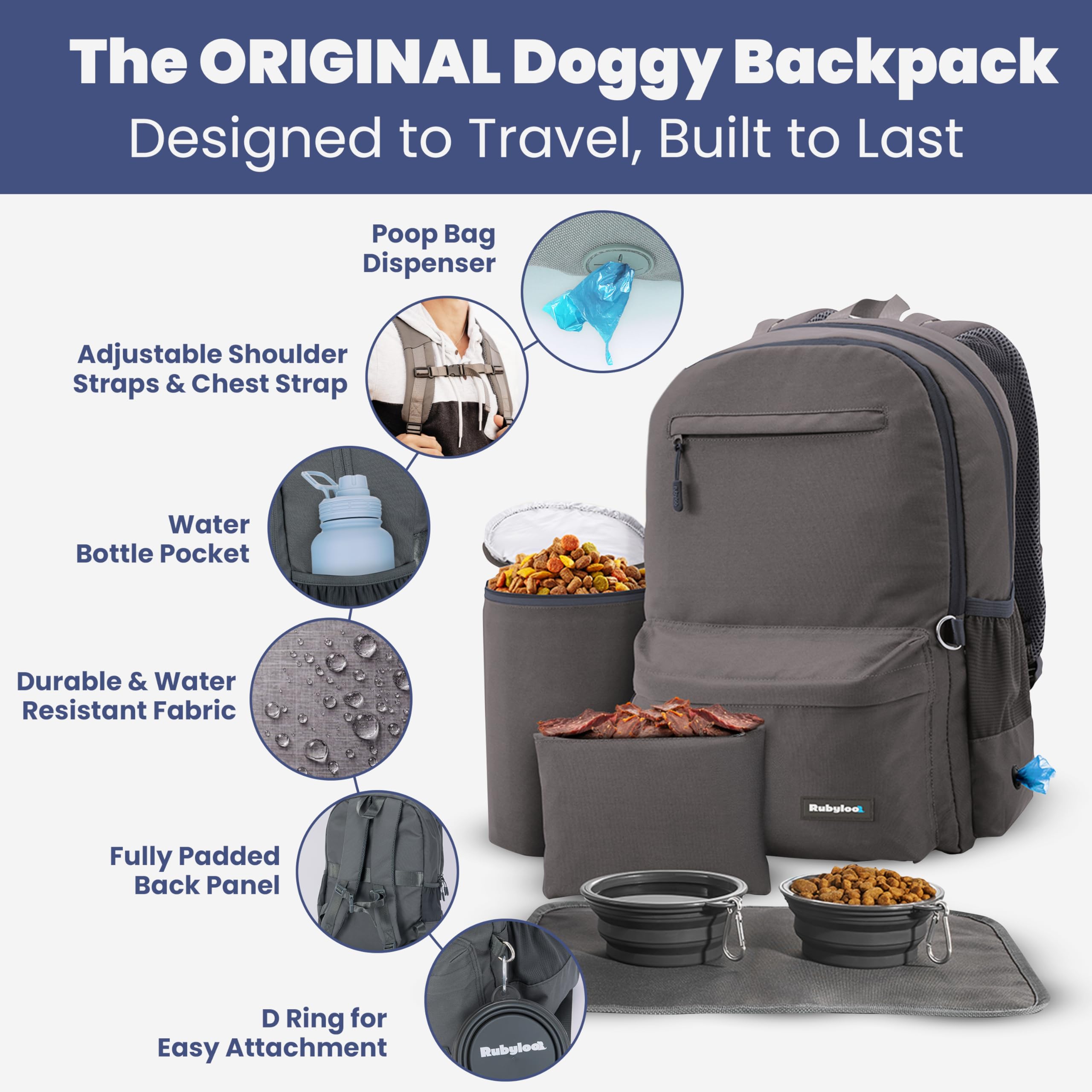 Rubyloo dog travel bag shows poop bag dispenser for mess-free outings.