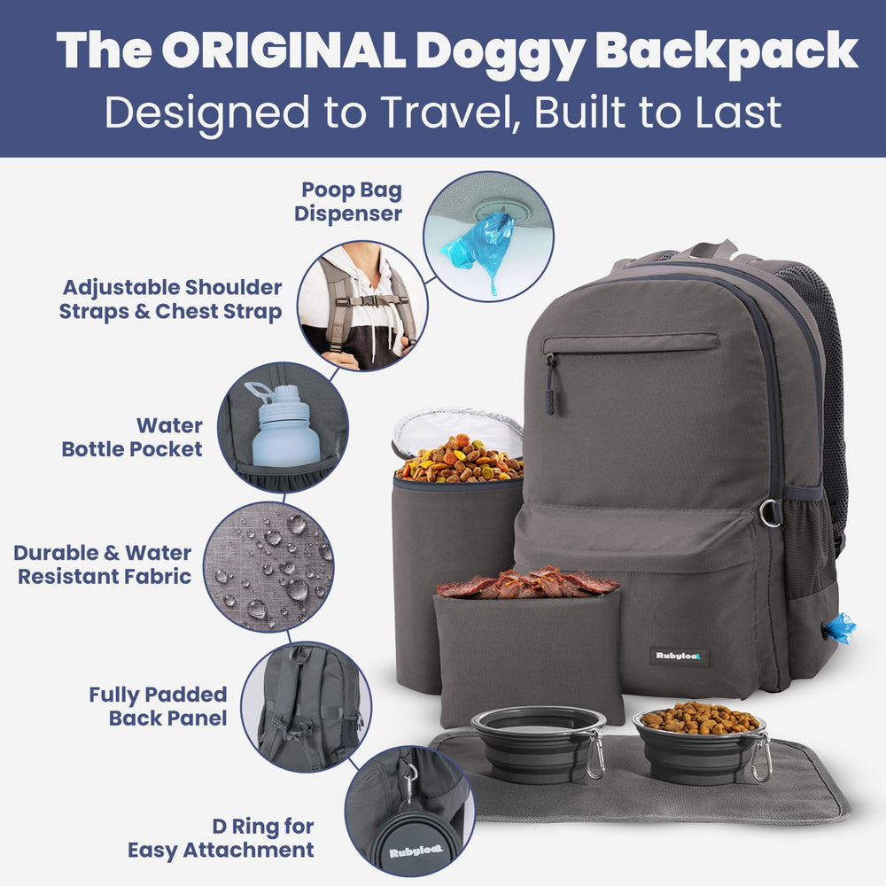 Rubyloo dog travel bag shows poop bag dispenser for mess-free outings.