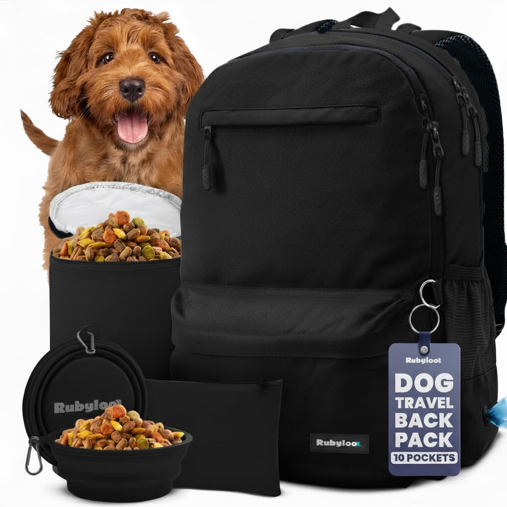 Rubyloo dog travel bag full backpack with organized compartments for road trips and hiking.