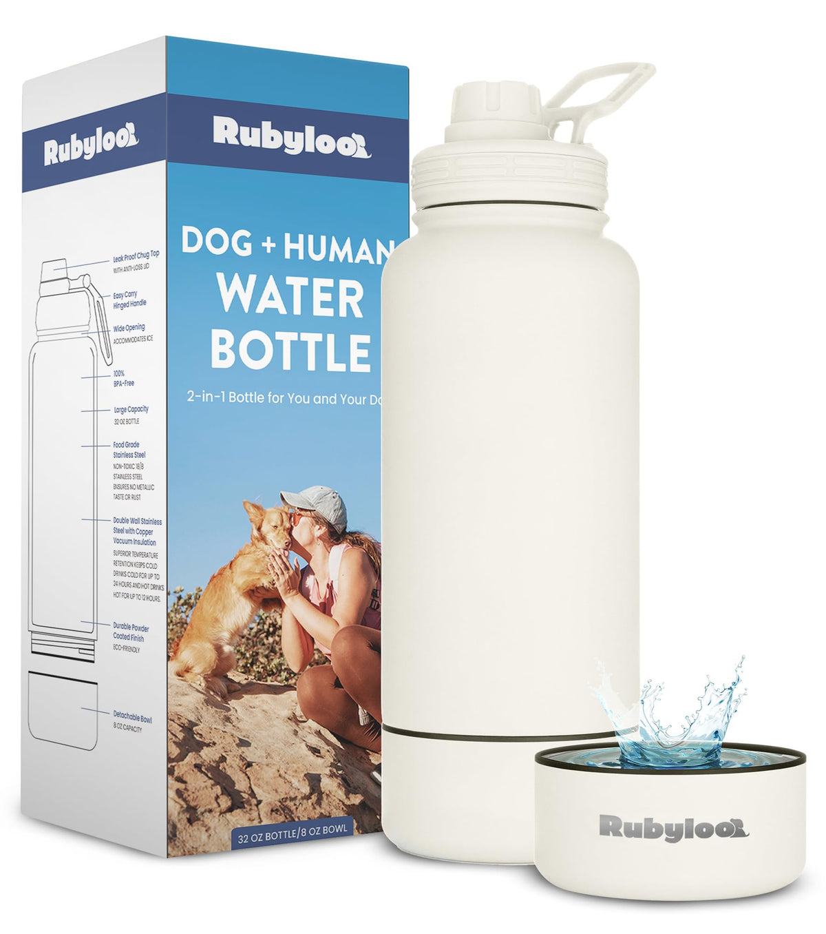Rubyloo dog water bottle 32oz cream, front view, for on-the-go hydration.