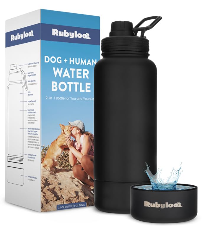 Rubyloo 32oz dog water bottle with double-wall insulation for long hikes.