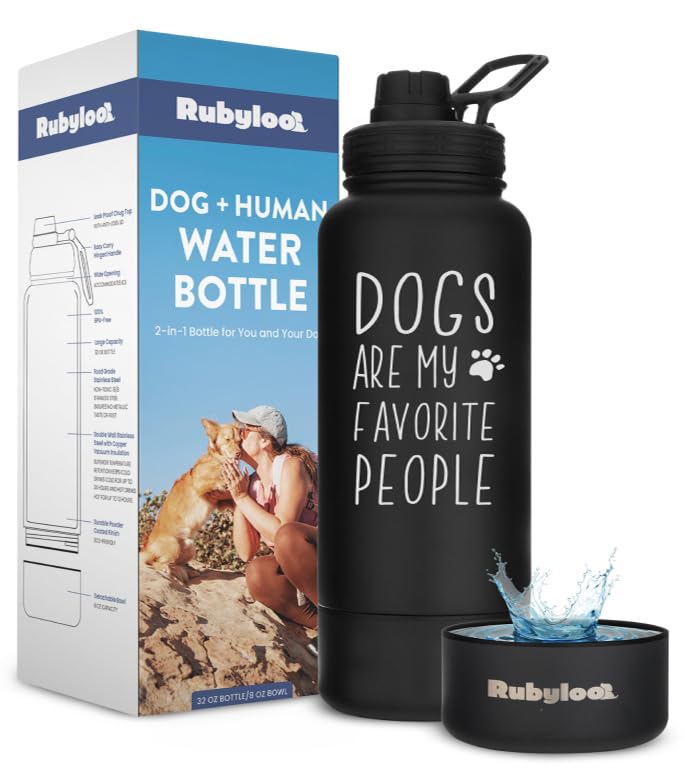 Rubyloo dog water bottle with 32 oz capacity and leak-proof lid for outdoors