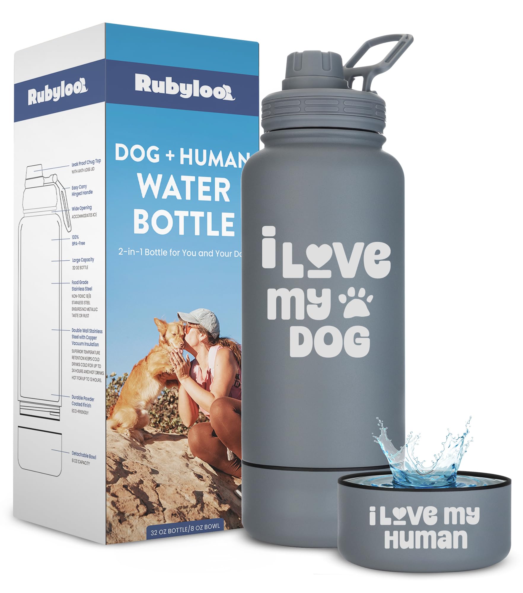 Rubyloo dog water bottle 32 oz side view, ideal for hiking with your dog