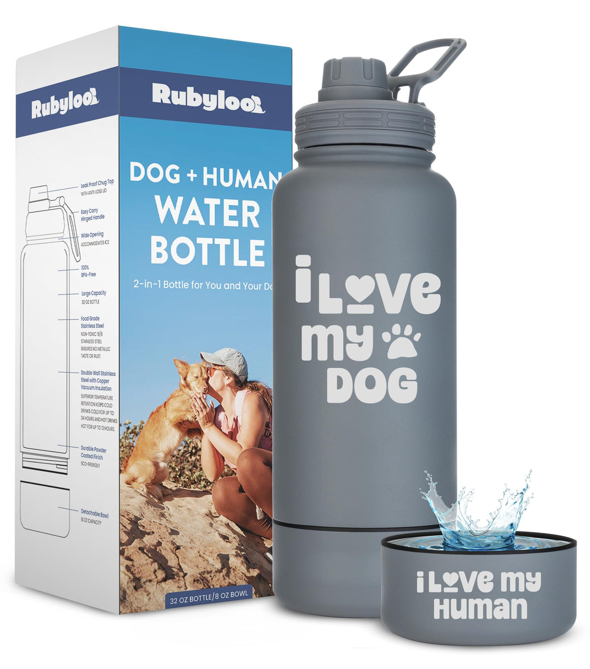 Rubyloo dog water bottle 32 oz side view, ideal for hiking with your dog