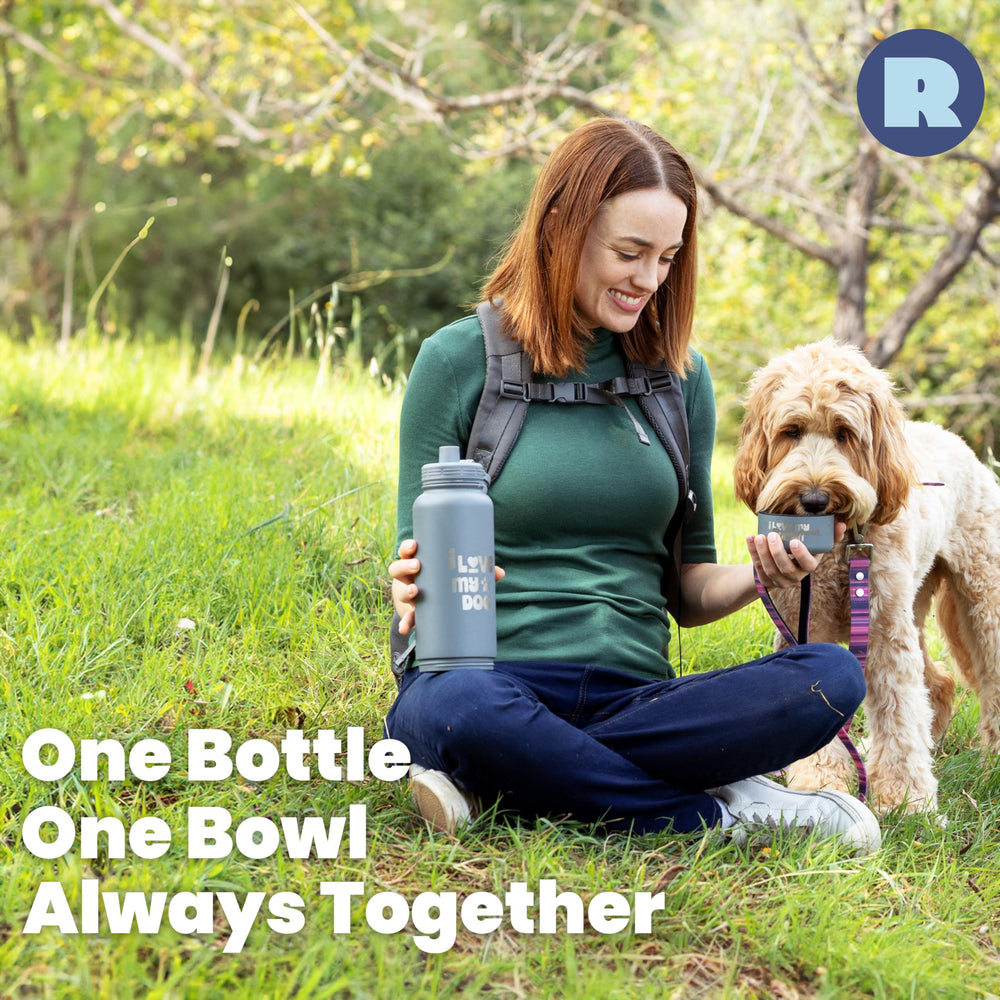 Rubyloo dog water bottle in use on a trail keeps you and your dog hydrated