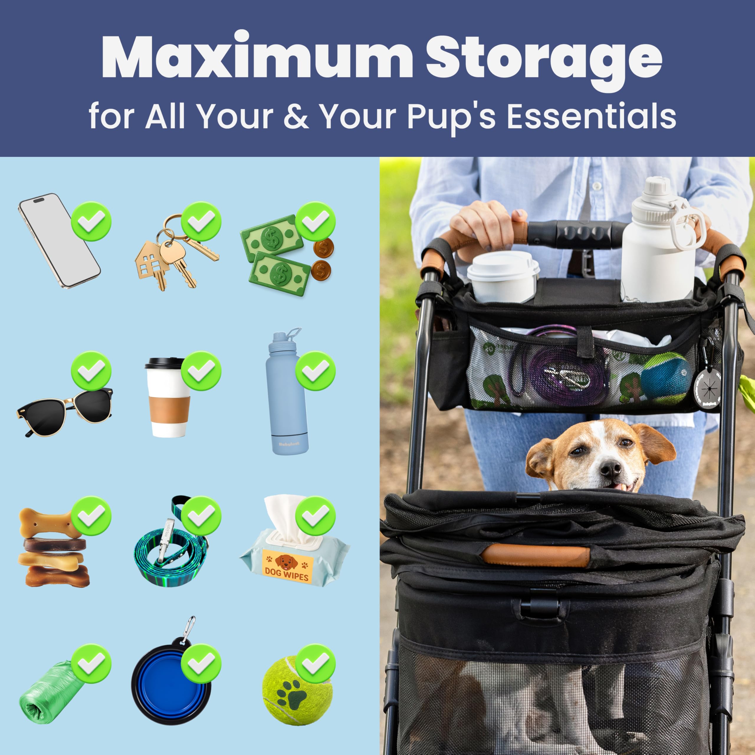 rubyloo eight-compartment storage keeps bottles, toys, leashes, and bags organized.