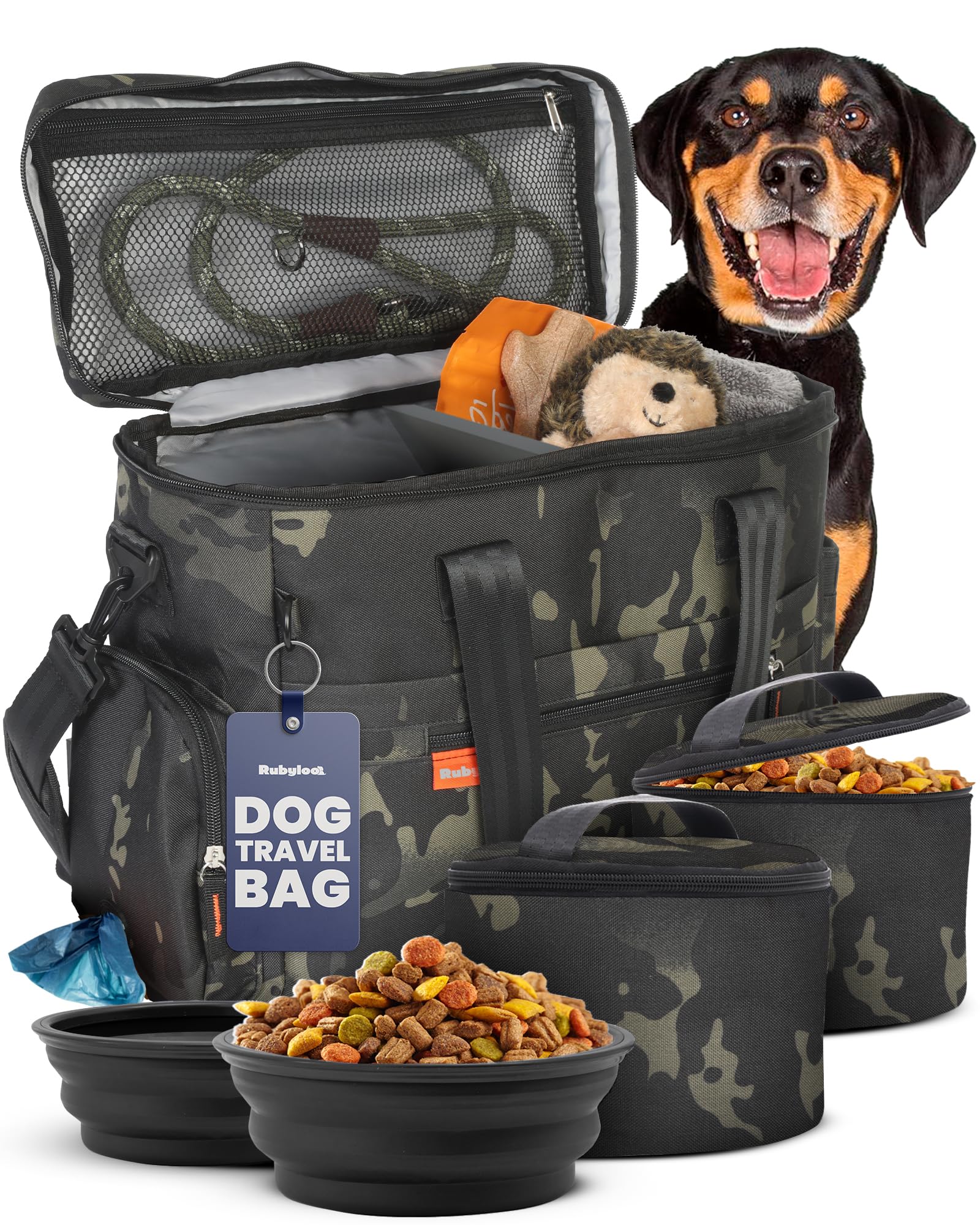 Rubyloo Original Doggy Bag in camo showing open pocket for easy travel access