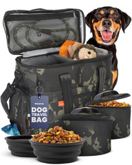 Rubyloo Original Doggy Bag in camo showing open pocket for easy travel access