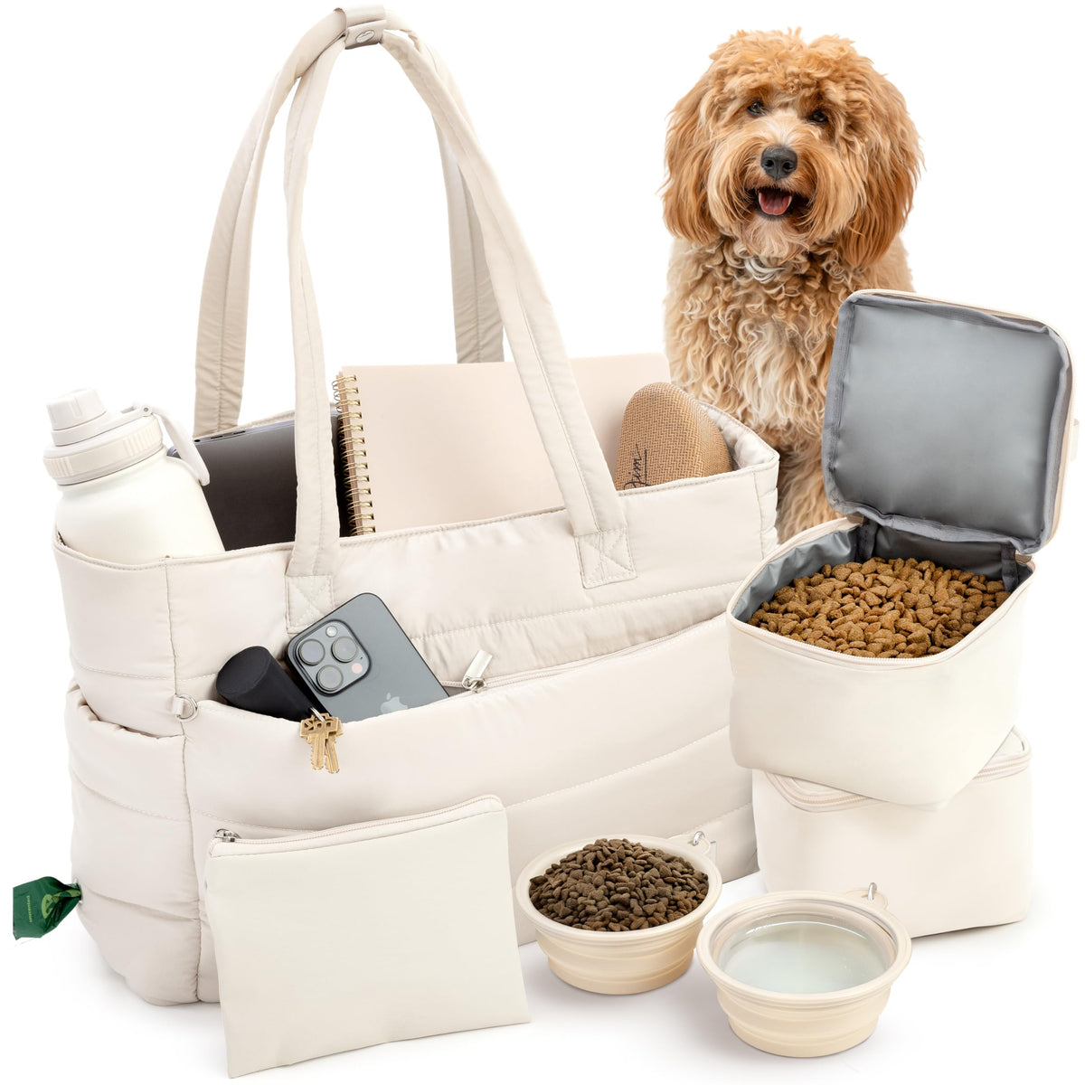rubyloo puffer dog travel bag beige shown as everyday carry option with built-in organization