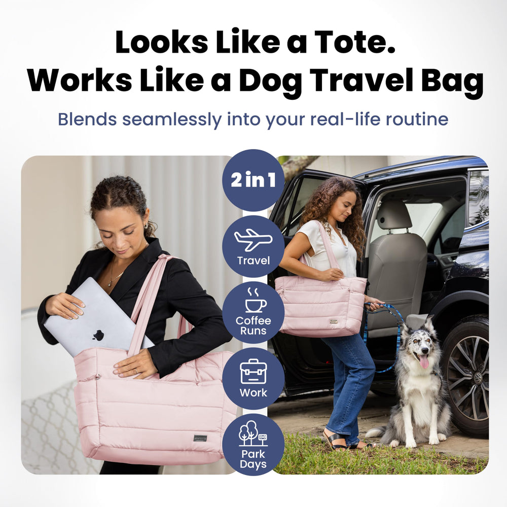 Rubyloo Puffer Dog Travel Bag with collapsible bowls for easy pet meals on the go.