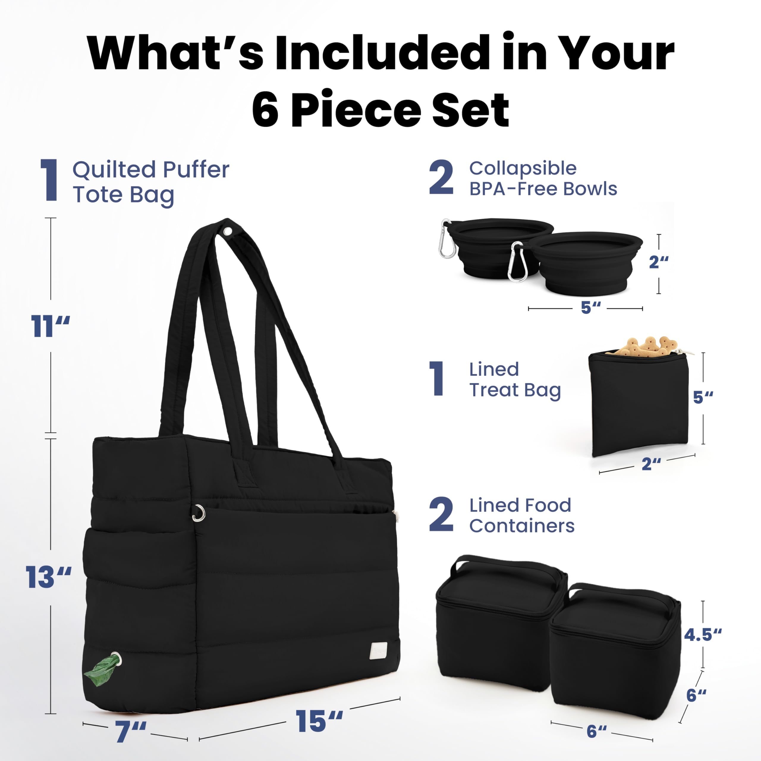 Rubyloo Puffer Dog Travel Bag with food containers for organized meals and treats