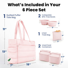 Rubyloo Puffer Dog Travel Bag includes lined food containers for tidy snacks.