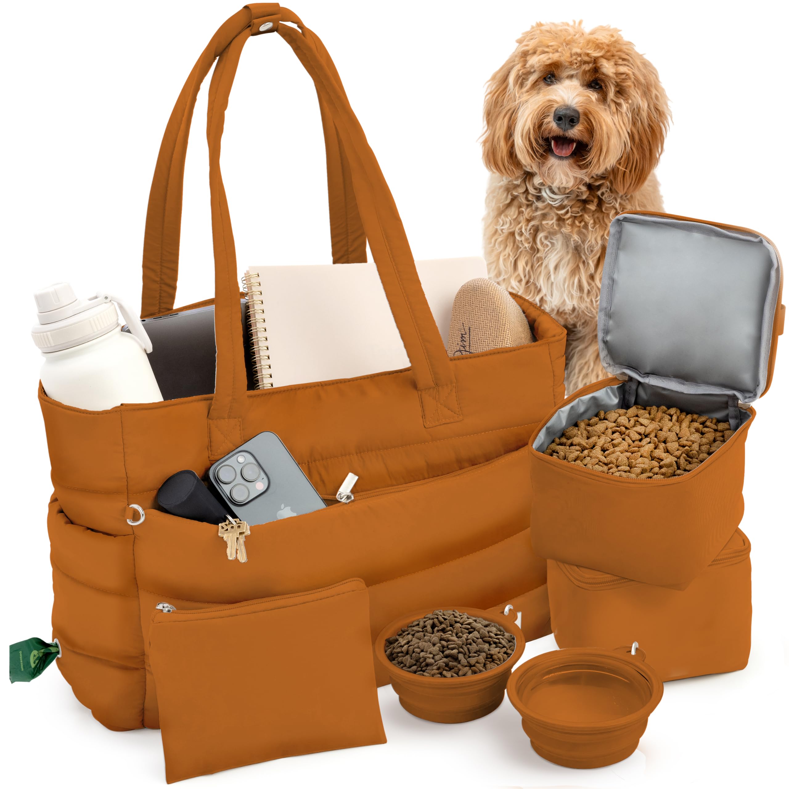 rubyloo puffer dog travel bag front view, a polished everyday tote ready for outings.