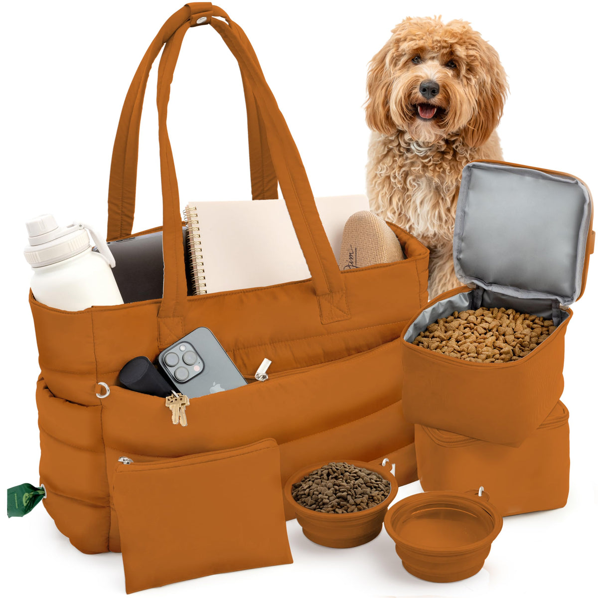 rubyloo puffer dog travel bag front view, a polished everyday tote ready for outings.